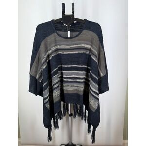 Hem & Thread Navy Blue‎ Striped Fringe Knit Poncho Sweater Womens One Size